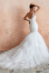 Long Lace-Up Back Mermaid White Wedding Dress with Layered Train